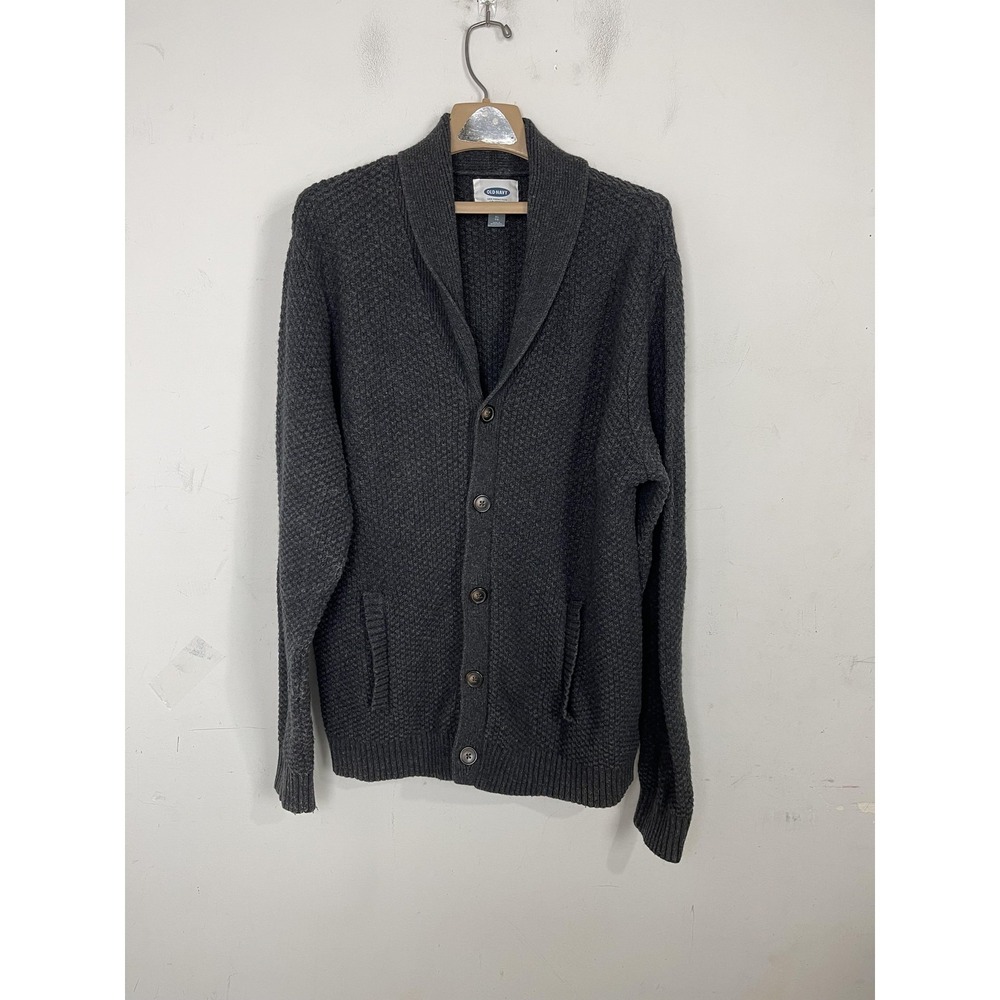 Old Navy Sweater Mens XL Gray Waffle Knit Fisherman Wool Shawl‎ Collar Cardigan